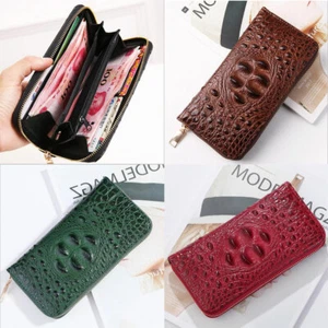 Women's Long  Leather Clutch Wallet Crocodile Pattern  Card Holder Purse Handbag - Picture 1 of 15