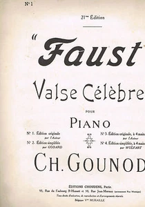 FAUST Valse pour PIANO Charles GOUNOD Édition Originale par l'Auteur Éd Choudens - Imagen 1 de 3