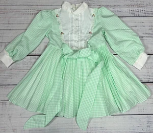 Vtg Beautique Chris Lynch Long Sleeve Green Gingham Check Dress Sz 6 Tie Waist - Picture 1 of 13