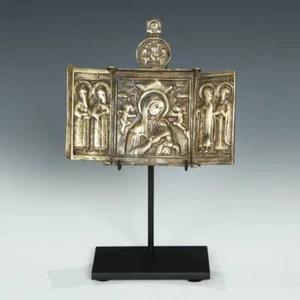ANTIKE RUSSISCHE ALTE GLÄUBIGE IKONE TRYPTICH MARY MUTTER GOTTES BRONZE 17. JH - Bild 1 von 8