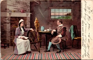 Priscilla und John Alden Spinnrad Distaff Co 1898 Ullman Co Postkarte UND - Bild 1 von 2