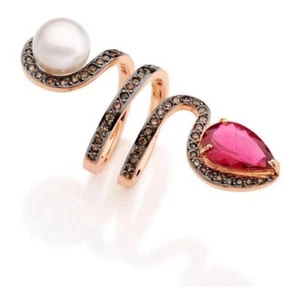 Lab Ruby & Freshwater Pearl Swirl Ring 925 Sterling Silver Party Wear Jewelry - Picture 1 of 5