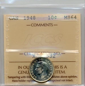 1948 Canada 10 Cents - Choice Uncirculated, ICCS MS 64 - Picture 1 of 3