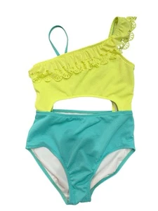 Girls Cat & Jack Large (10/12) Yellow Teal Tropical Open Belly 1PC Swim Swimsuit - Picture 1 of 2