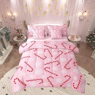  Xmas Candy Cane Bedding Set 7 Piece,Merry Christmas Bed in A Bag Full Pink Red - Image 1 of 4