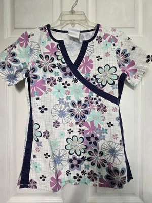 UA Scrubs Scrub Top size XS-Navy/Purple/Aqua Floral-Chest 19"/L 25.5" - Image 1 of 4