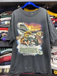 Vintage Y2K Green Bay Packers Title Town USA FIRE Black Large Graphic Print NFL - Picture 1 of 6