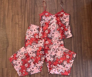 Cato Y2K Red Pink Floral Lace Trim Satin Camisole Top 2pc Pajama Set Women’s M - Picture 1 of 10