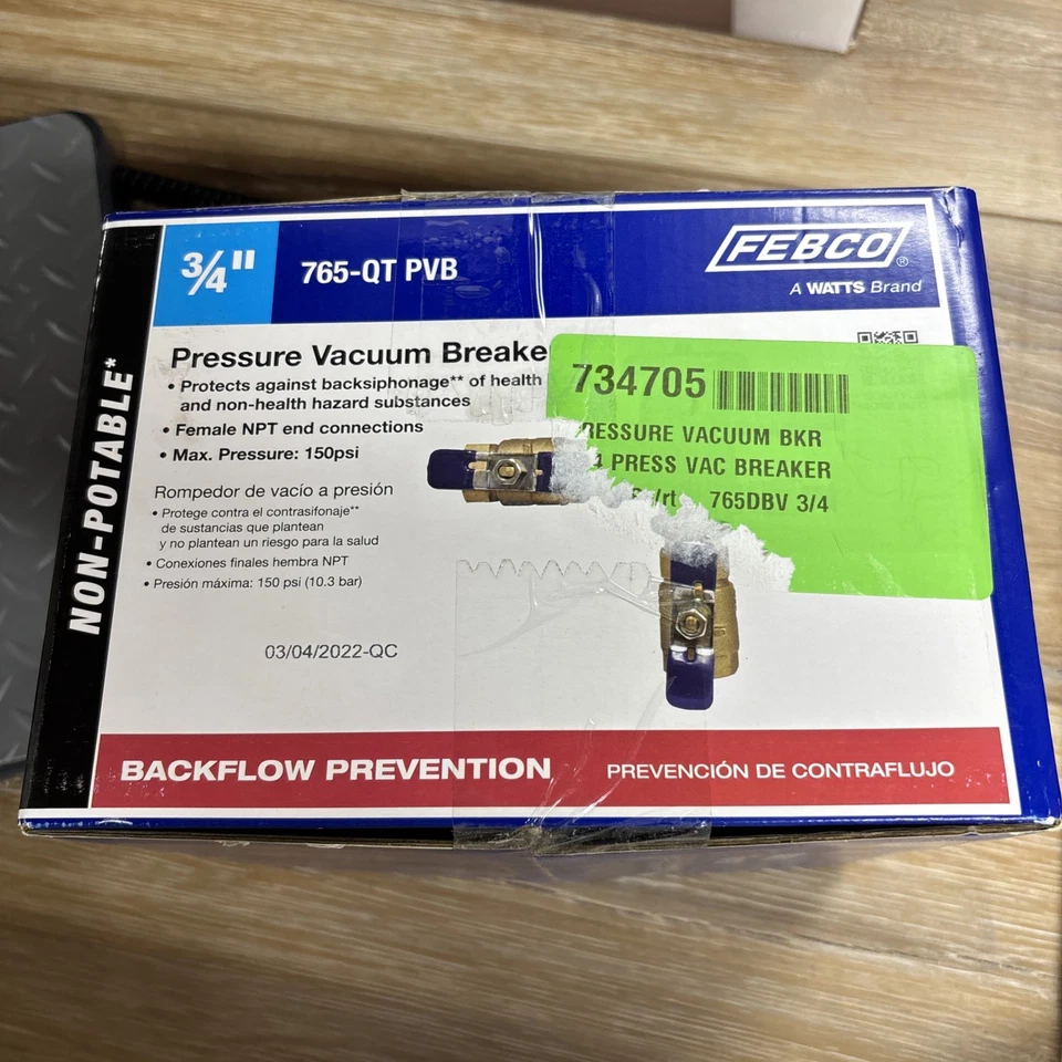 FEBCO 3/4" 765-QT PVB WATTS Pressure Vacuum Breaker Backflow Preventer Valve NEW - Image 1 of 1