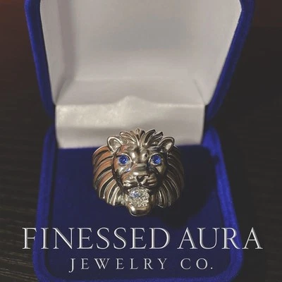 Custom Lion Head Ring Sapphire Eyes & VVS1 Moissanite Mouth Stone 925 Silver - Image 1 of 4