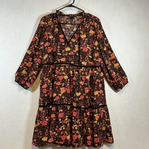 Kurzes Stufenkleid mit U-Ausschnitt Samtbesatz Blumenmuster schwarz orange gelb Large (12/14) - Bild 1 von 5