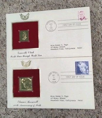 2-22kt 黄金复制品邮票第一天发行埃莉诺·罗斯福 + 格林维尔·克拉克 — 第 1/4 张图片