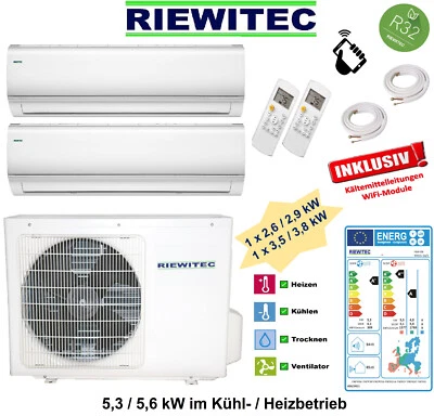 Dual Split Klimaanlage 1x2,6 + 1x3,5 kW RIEWITEC 5,3/5,6KW, WiFi, 2x5m K-Leitung - Bild 1 von 4