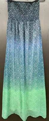 Antiguo Maxi Vestido Azul Marino Sin Tirantes XS Azul Verde Calado Boho Playa Hada Foto 1 de 4