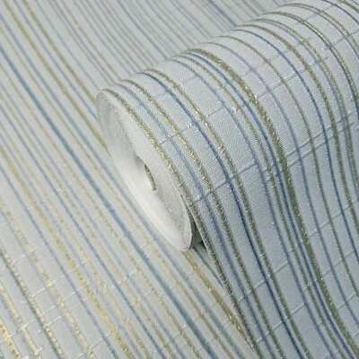 Papel Pintado Moderno Gris Azul Dorado Metálico Imitación Tela Texturizada Líneas Verticales 3D  Foto 1 de 4