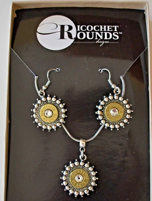 Juego de pendientes collar redondos Ricochet, piedras de cristal Winchester 45 carcasa de latón Foto 1 de 3