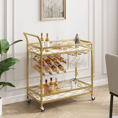 2 Tier Bar Cart Home Bar Drink Serving Cart with 4 Wheels for Kitchen - Image 1 of 4