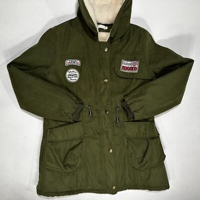 Rocket Rugged Green Fur Lined Heavy Coat Girls Size XL w/ Patches - Image 1 of 4