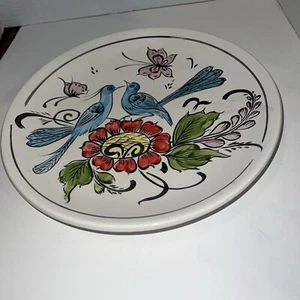 Jarz of Clay Round Ceramic Serving Dish Hand Painted Floral Birds 11.75” - Picture 1 of 5