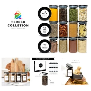 12 Black Bamboo Spice Jars - 8.5oz Large Spice Jars with Bamboo Lids - Season... - Picture 1 of 10