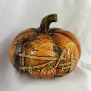 Scenic Pumpkin Figurine Fence Tree Barn Ceramic 4”x5” Halloween  - Picture 1 of 6