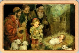 Continental Postcard Biblical Scene Birth of a Baby with Girl and Saints - Picture 1 of 2