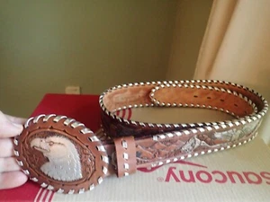 Vintage HANDTOOLED buckle belt EAGLE leather 36 brown WESTERN cowboy - Picture 1 of 7