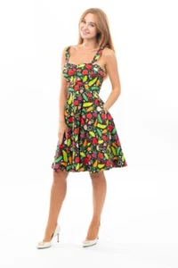 EVA ROSE RETRO VEGETABLE PRINT SLEEVELESS FIT & FLARE DRESS - L - Picture 1 of 6