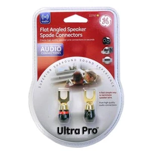 Pair flat angled speaker spade connectors 1 red-striped and 1 black-striped pin  - Picture 1 of 6