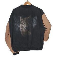 Vintage HARLEQUIN NG WOLF Jacket 90s Denim Varsity Style Coat 3 Wolves Black Tan