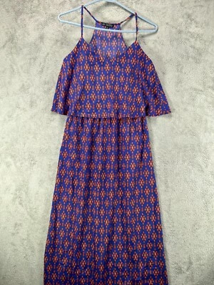 Maxi Vestido BeBop Mujer Pequeño Azul Sedoso Gasa Naranja Imperio Azteca Sin Mangas Foto 1 de 4