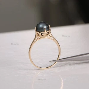 8.5mm Natural Black Pearl Mountain Setting Engagement Ring 14k Rose Gold - Picture 1 of 20