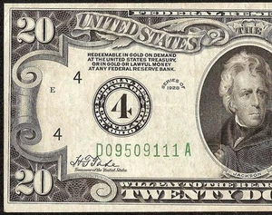 1928 $20 BILL NUMERICAL 4 GOLD ON DEMAND CLAUSE FEDERAL RESERVE NOTE MONEY - Picture 1 of 3