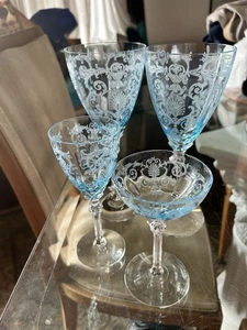 4 Pc Azure Blue Fostoria 5098 Versailles Claret (Rare) Cocktail & Water Goblets - Picture 1 of 7