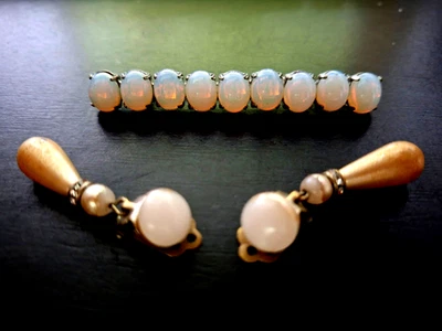 Vintage Schmuckset Opalglas - Brosche und Ohrclips, 1950 er Jahre - Bild 1 von 4