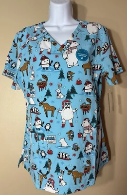 Dickies Women's Medical Scrub Top Sz M Be Cool Like Winter Animals  V- Neck NWT - Image 1 of 4