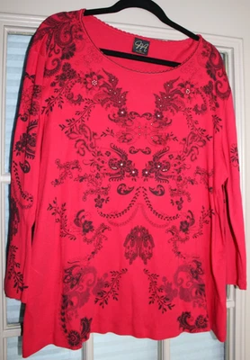 KATINA MARIE Womens Red 3XL Rhinestones Asian Floral Print 3/4 Sleeve Pullover - Image 1 of 4