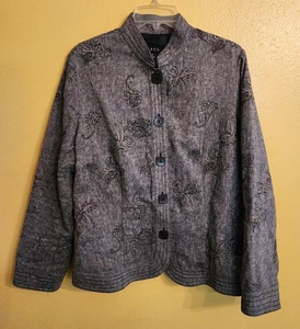 RQT Linen Blend 2-Piece Suit Set A-line Skirt Jacket Embroidered Black Size 12  - Picture 1 of 16