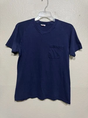 Vtg 60s HANES Navy Blue Raglan Pocket T-Shirt Size L (42-44) Cotton 1960s USA - Image 1 of 4