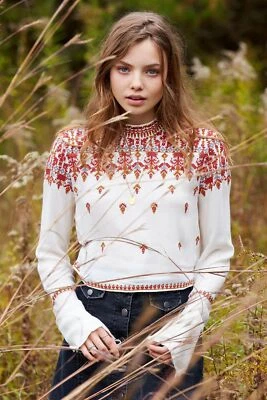 UO Ecote Simona Embroidered High-Neck Crop Top Back Open Long Sleeve SZ XS New  - Image 1 of 4