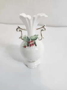 Enesco Japan Vintage Christmas White Porcelain Vase 4.5" Tall Gold Trim Holly  - Picture 1 of 7