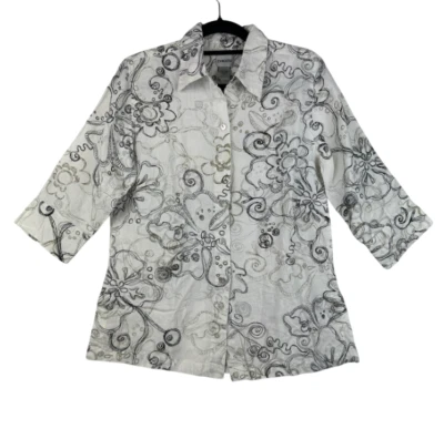 Женская 100% льняная рубашка Chicos на пуговицах размер S цветочный узор богемное искусство большого размера - Изображение 1 из 4