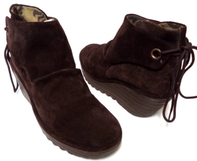 Fly London Yebi Suede Wedge ankle boots booties brown back lace up Size Sz 37  7 - Image 1 of 4