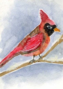 ACEO Original Mixed Media Painting Art - Red Cardinal Bird, Watercolor - Picture 1 of 1