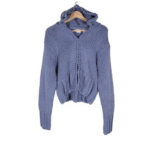Kenji Natural maglione cardigan donna grande blu maglia grossa gancio occhiello con cappuccio - Foto 1 di 13
