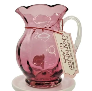 Pilgrim Cranberry Art Glass Vintage Mini Pitcher with Clear Applied Glass Ribbon - Picture 1 of 7