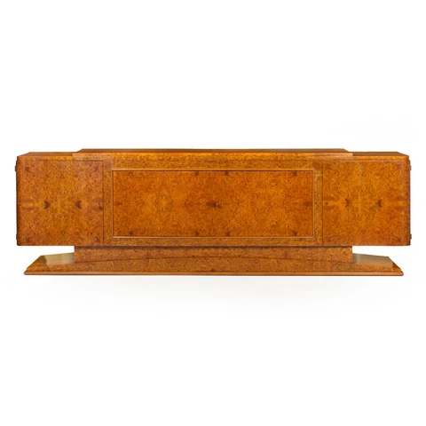 Monumental Art Deco Burl Olivewood Credenza Cabinet, France, c.1930s, 118” wide Cover