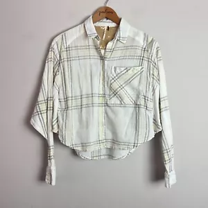 Free People Top Womens XS White Plaid Cotton Batwing Flannel Button Up Shirt - Picture 1 of 8