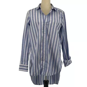 Frank & Eileen Grayson Blue Striped Button Up Hi-Low Tunic Shirt Womens Medium - Picture 1 of 17