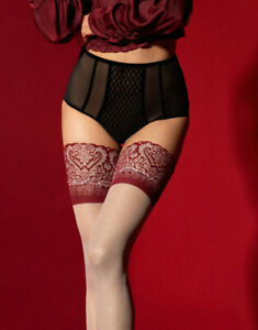 Fiore Luxury 20 Denier Linen Colour Hold Ups with Sexy Red Floral Lace Garter